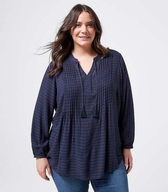 Belle Curve Pleated Peasant Top - Navy Blue