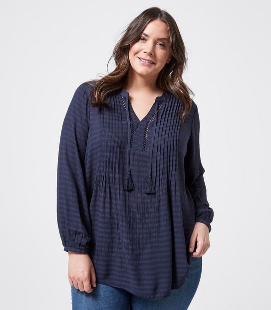Belle Curve Pleated Peasant Top - Navy Blue