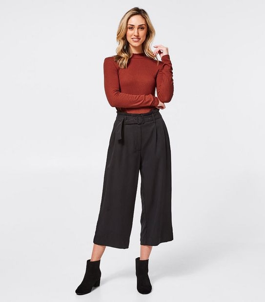 Paperbag Waist Cropped Pants - Black