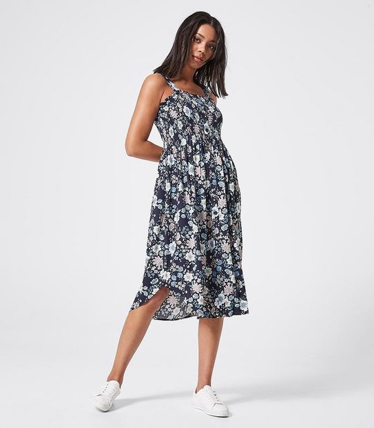 Lily Loves Sleeveless Shirred Midi Dress - Navy Blue Floral