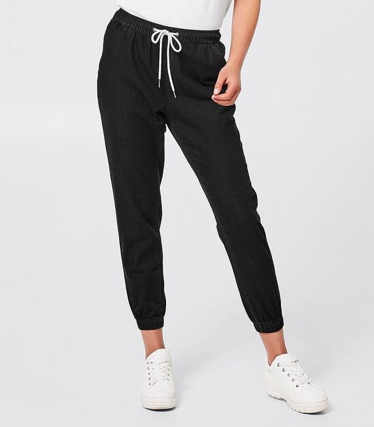 Piping Hot Tapered Denim Jogger Pants - Black