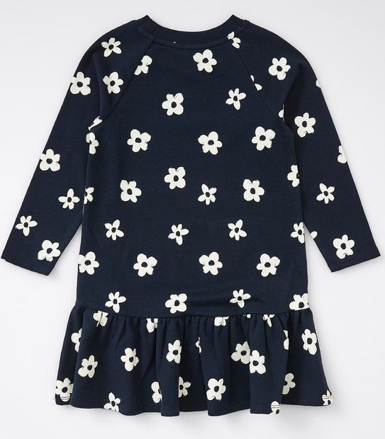 Raglan Sleeve Floral Print Terry Dress - Navy Blue