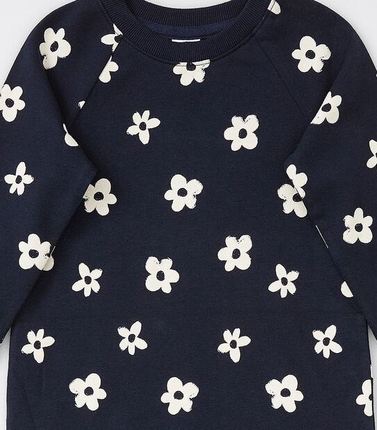 Raglan Sleeve Floral Print Terry Dress - Navy Blue