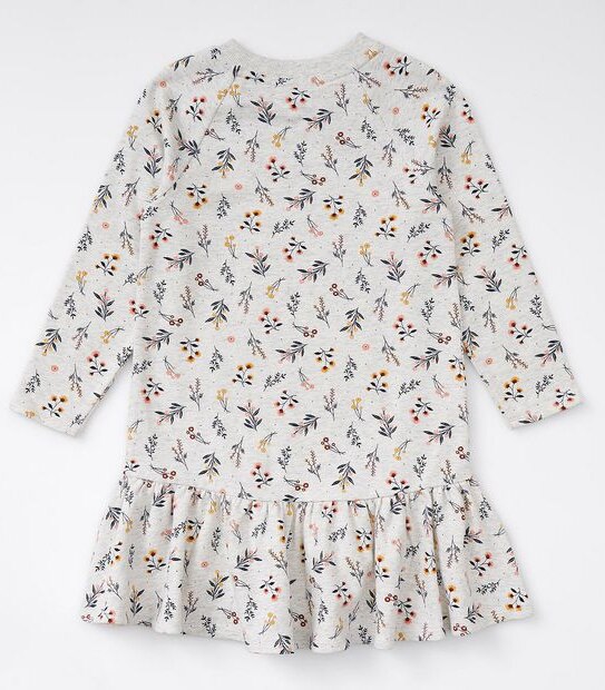 Raglan Sleeve Floral Print Terry Dress - Grey