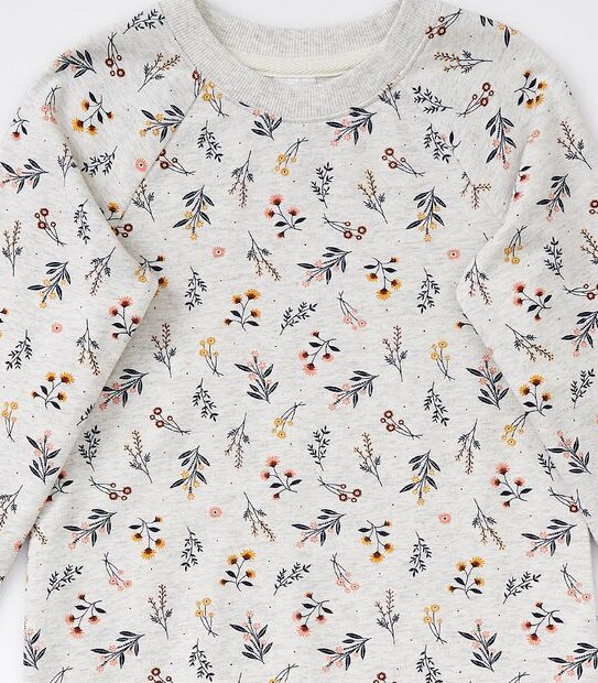 Raglan Sleeve Floral Print Terry Dress - Grey