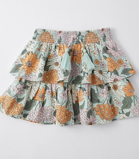 Linen Blend Floral Shirred Waist Skirt