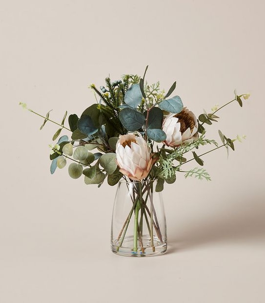 Faux Protea Arrangement in Glass Vase
