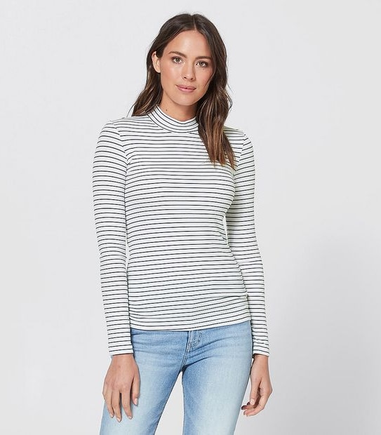 Mock Neck Ribbed Skivvy - White/Navy Blue Stripe