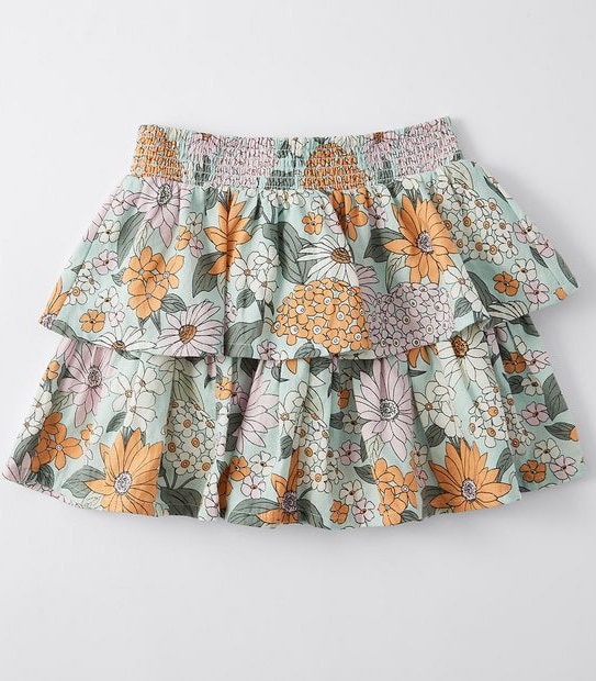 Linen Blend Floral Shirred Waist Skirt