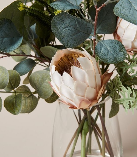 Faux Protea Arrangement in Glass Vase