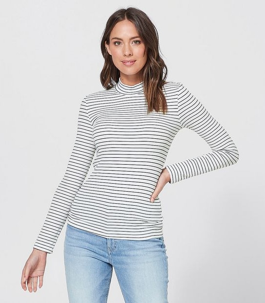 Mock Neck Ribbed Skivvy - White/Navy Blue Stripe
