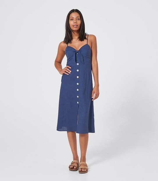 Piping Hot Button Through Linen Blend Midi Dress