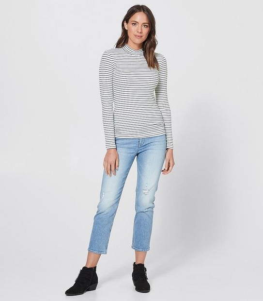 Mock Neck Ribbed Skivvy - White/Navy Blue Stripe