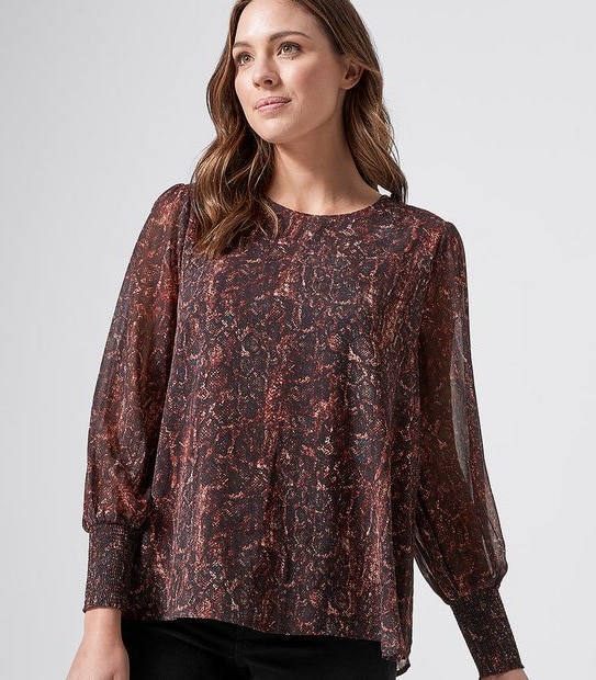 Long Sleeve Shirred Cuffed Blouse - Snake Print