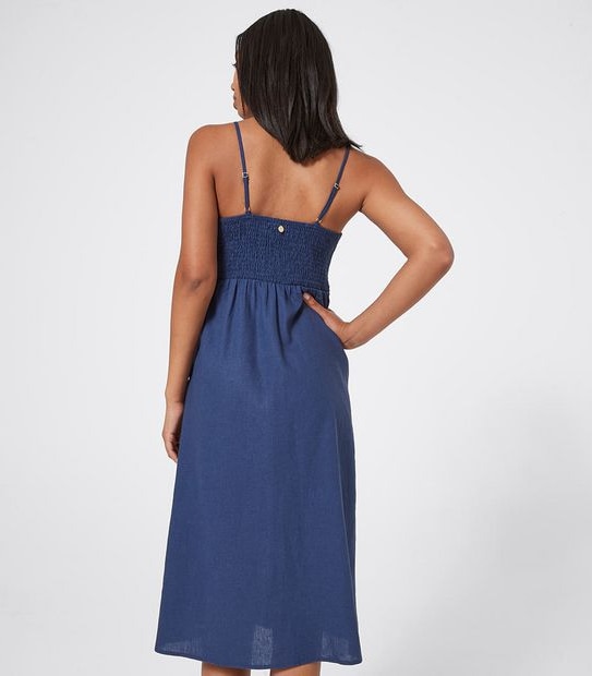 Piping Hot Button Through Linen Blend Midi Dress