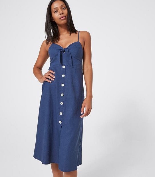 Piping Hot Button Through Linen Blend Midi Dress