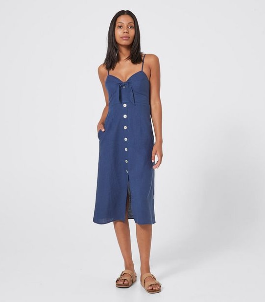 Piping Hot Button Through Linen Blend Midi Dress
