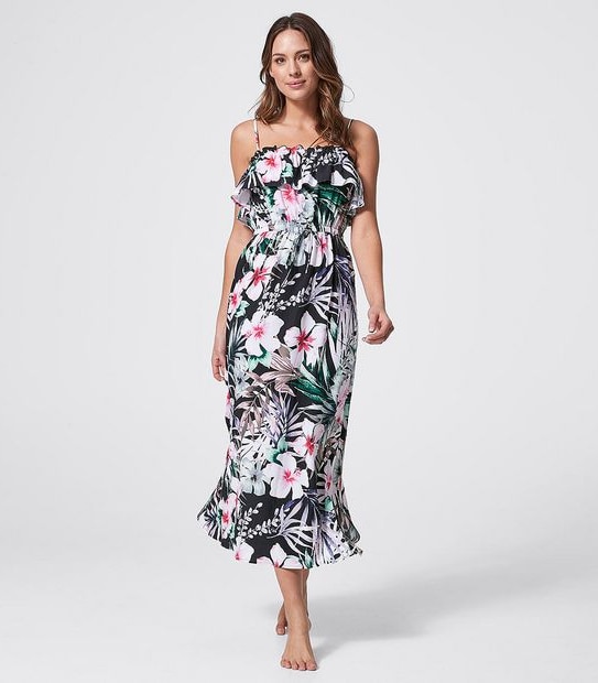 Maxi Length Swim Dress - Black Floral