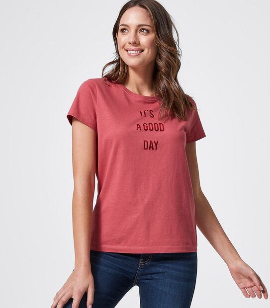 Printed Organic Cotton T-Shirt - Garnet Rose Red It's A Good Day