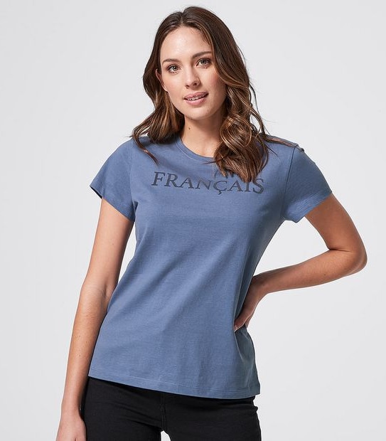 Printed Organic Cotton T-Shirt - Denim Blue Francais