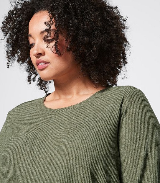 Belle Curve Button Shoulder Ribbed Top - Sage Green