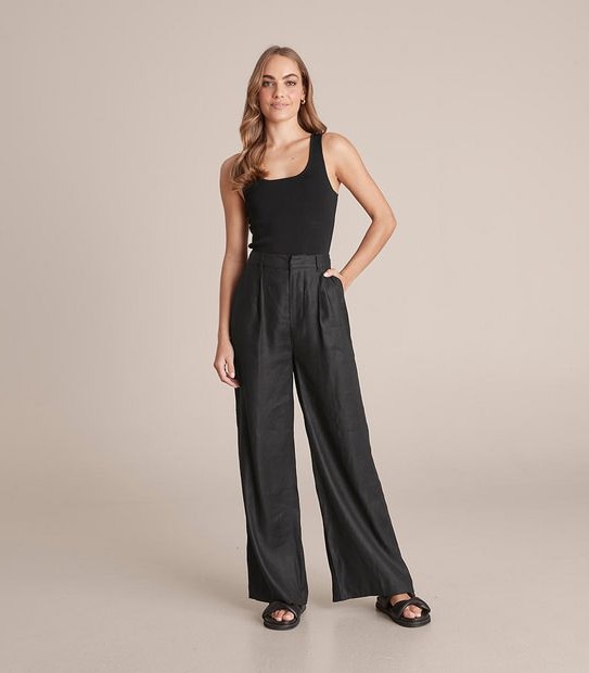 Women's Black Pants High Rise Wide Leg Linen Blend