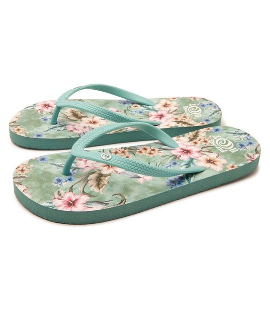 Kids Youth Piping Hot Bloom & Recycled EVA Thongs - Sage Green Tropical Hibiscus