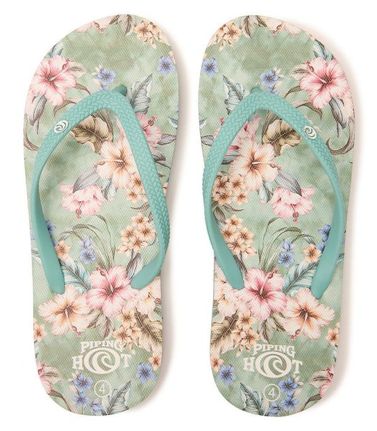 Kids Youth Piping Hot Bloom & Recycled EVA Thongs - Sage Green Tropical Hibiscus