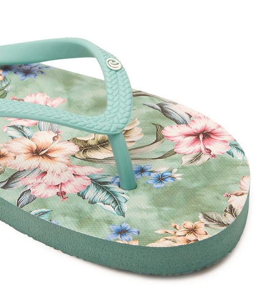 Kids Youth Piping Hot Bloom & Recycled EVA Thongs - Sage Green Tropical Hibiscus