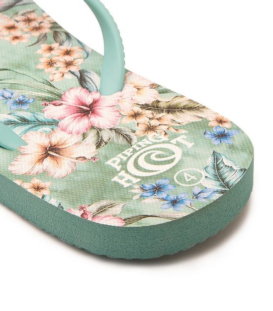 Kids Youth Piping Hot Bloom & Recycled EVA Thongs - Sage Green Tropical Hibiscus