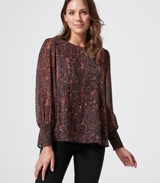 Long Sleeve Shirred Cuffed Blouse - Snake Print