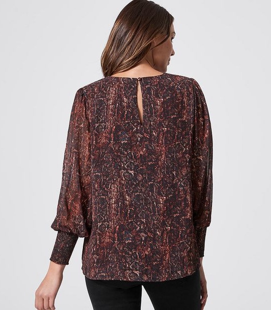 Long Sleeve Shirred Cuffed Blouse - Snake Print