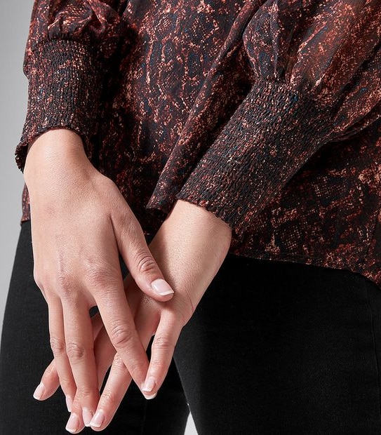 Long Sleeve Shirred Cuffed Blouse - Snake Print