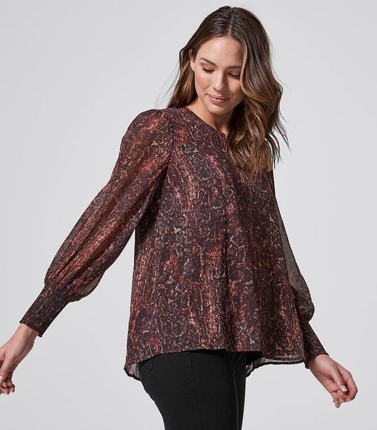 Long Sleeve Shirred Cuffed Blouse - Snake Print
