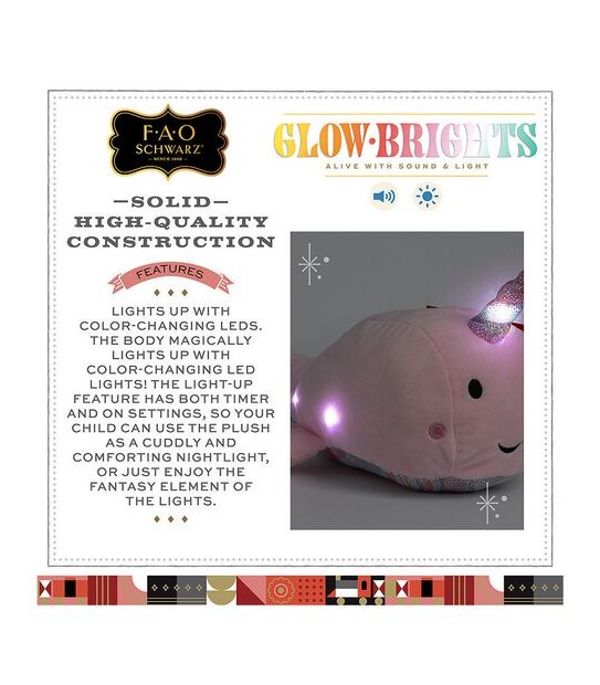 FAO Schwarz - Glow Brights - Toy Plush LED with Sound Narwhal 17-inch