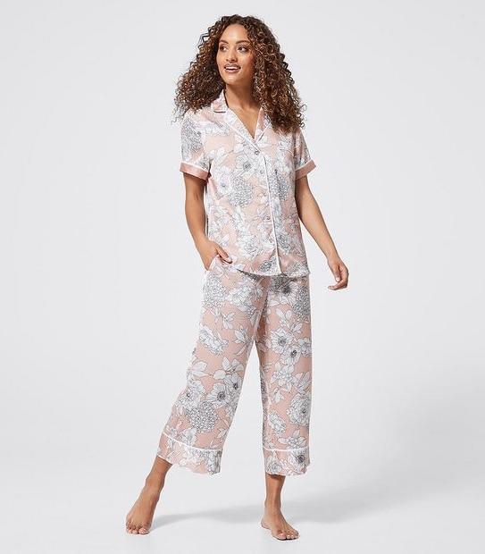 Satin Short Sleeve Sleep Pants Set - Pink Sketched Floral