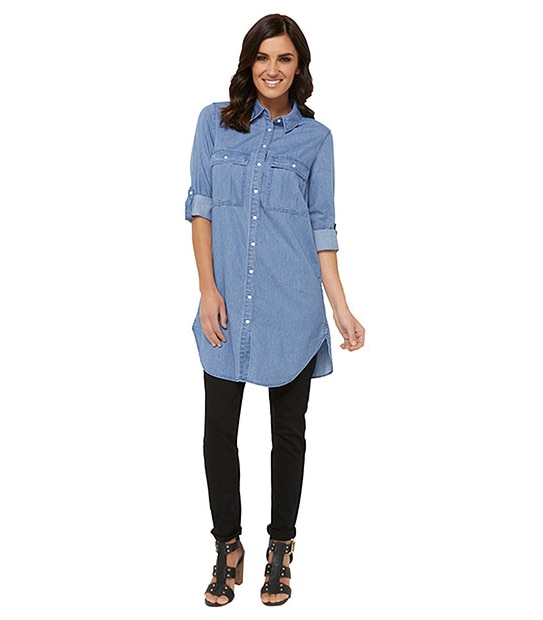 Longline Denim Shirt - Mid Wash