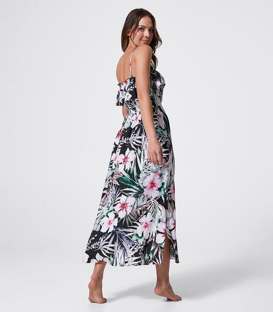 Maxi Length Swim Dress - Black Floral