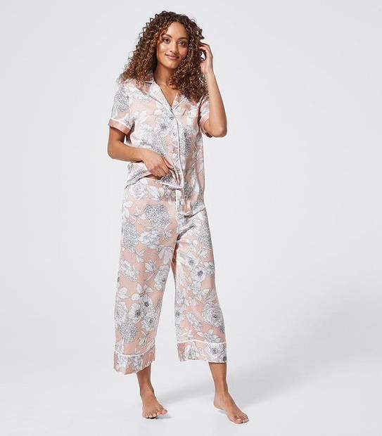 Satin Short Sleeve Sleep Pants Set - Pink Sketched Floral