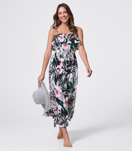 Maxi Length Swim Dress - Black Floral
