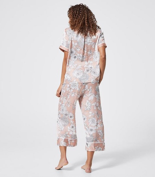 Satin Short Sleeve Sleep Pants Set - Pink Sketched Floral