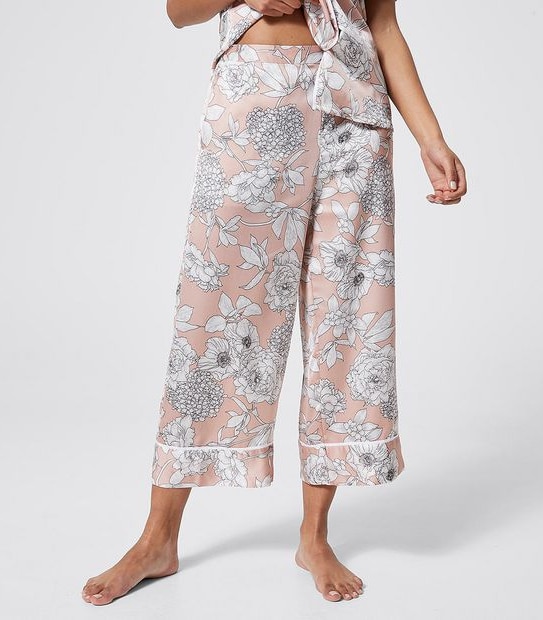 Satin Short Sleeve Sleep Pants Set - Pink Sketched Floral