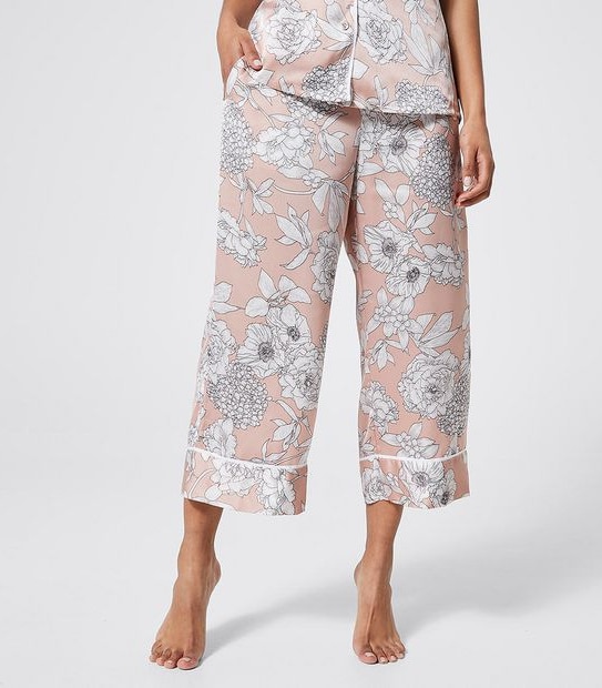 Satin Short Sleeve Sleep Pants Set - Pink Sketched Floral