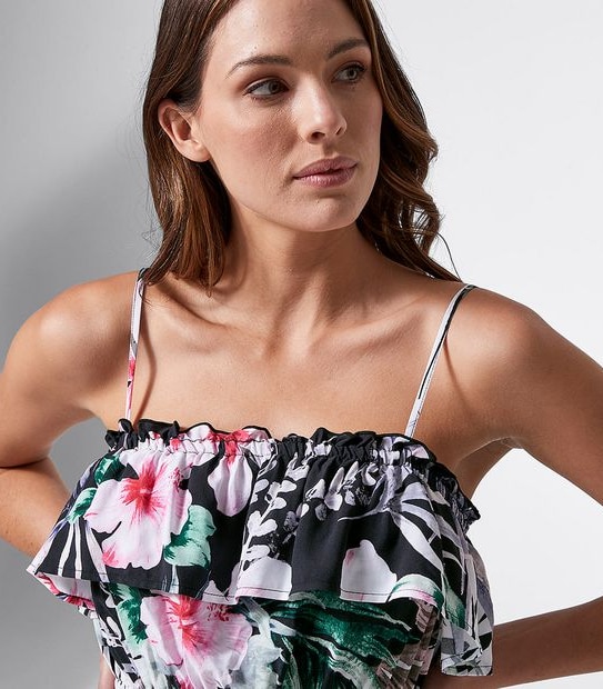 Maxi Length Swim Dress - Black Floral