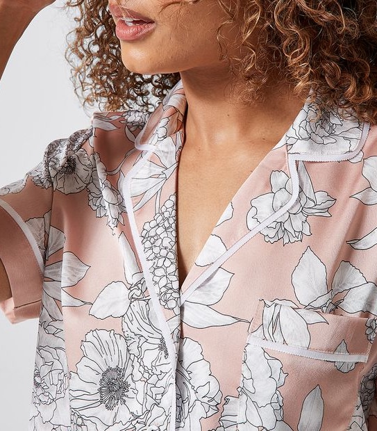 Satin Short Sleeve Sleep Pants Set - Pink Sketched Floral