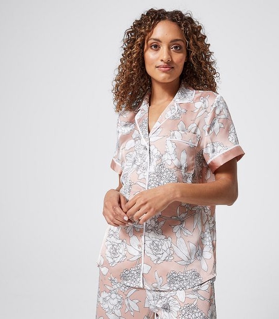 Satin Short Sleeve Sleep Pants Set - Pink Sketched Floral