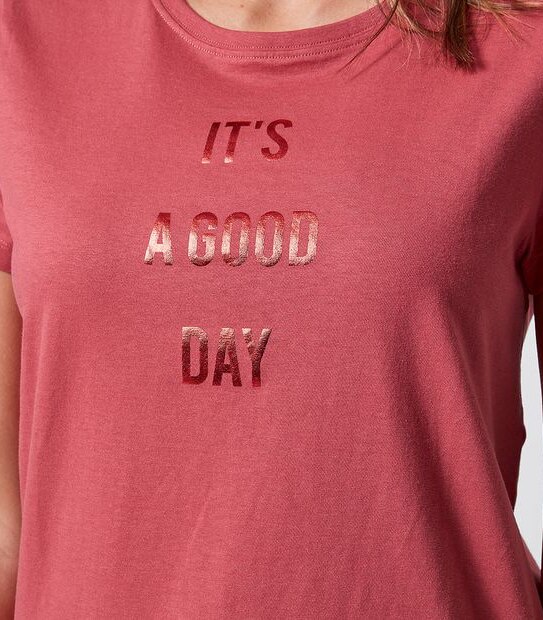 Printed Organic Cotton T-Shirt - Garnet Rose Red It's A Good Day