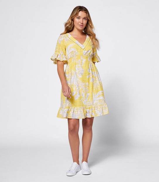 Tropical Print Flutter Sleeve Waisted Dress
