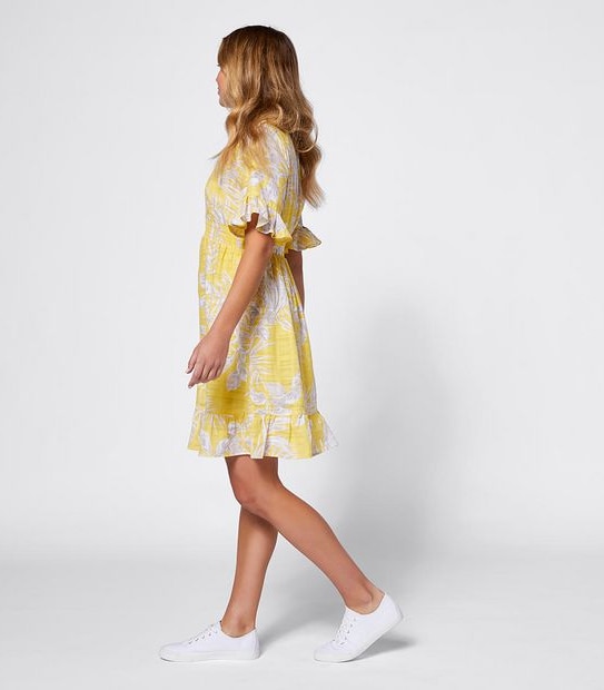 Tropical Print Flutter Sleeve Waisted Dress