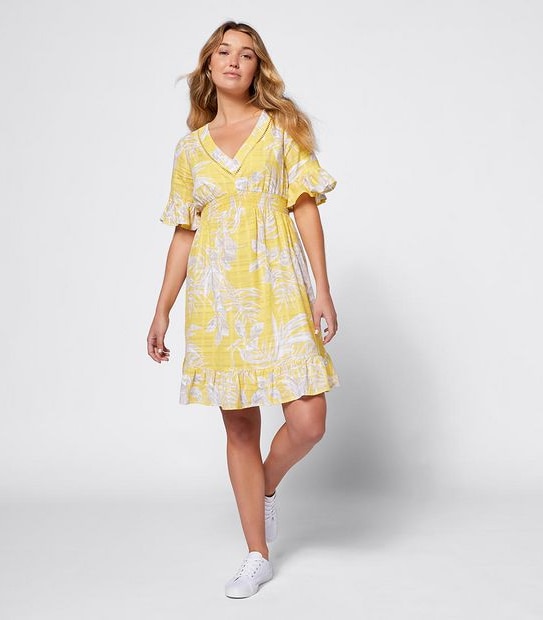 Tropical Print Flutter Sleeve Waisted Dress